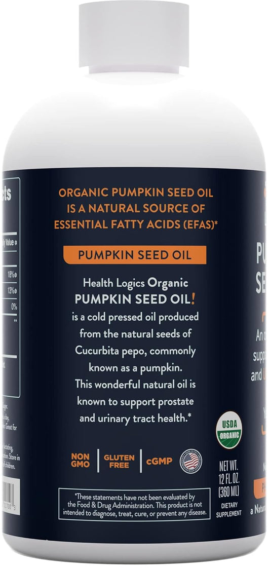 Health Logics Pumpkin Seed Oil 12Oz Organic Cold Pressed | Vegetarian, Non-Gmo, Gluten Free | Safe For Cooking | Supports Prostate Health