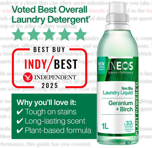 Ineos Next-Gen Non Bio Laundry Washing Liquid Detergent, 198 Washes (6 X 1L), High Performance Stain Remover For Clothes, Plant Powered, For Sensitive Skin, Geranium + Birch, Packaging May Vary