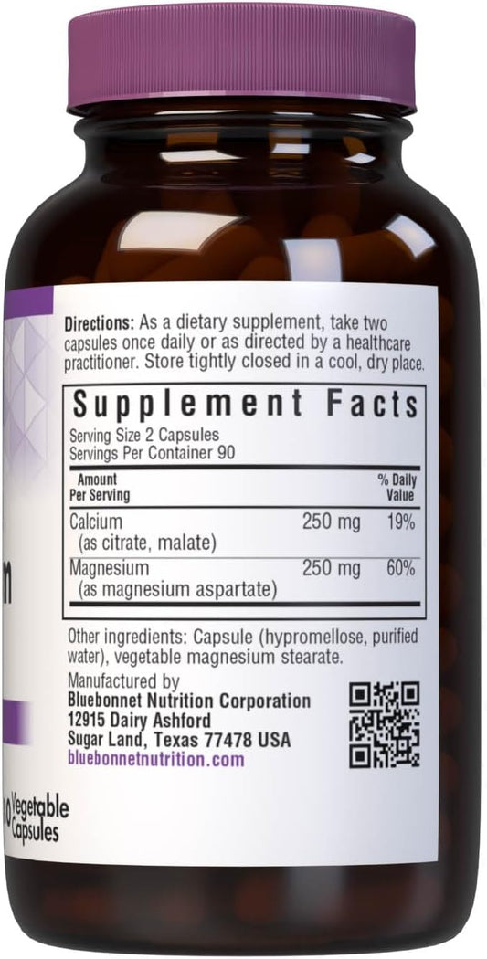 Bluebonnet Calcium Magnesium 1:1 Ratio Vegetarian Capsules, 180 Count, White