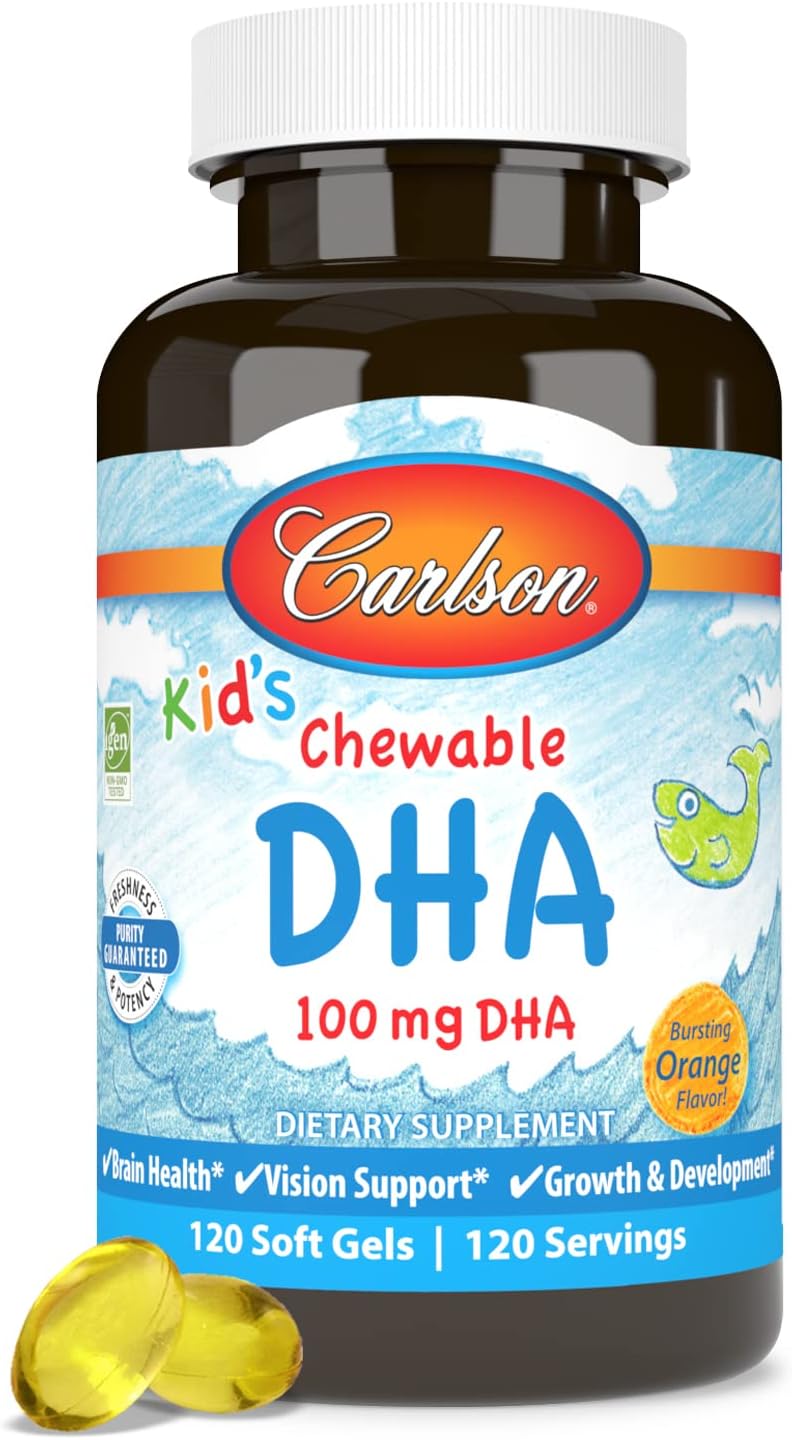 Carlson - Kid'S Chewable Dha, 100 Mg Dha, Brain Health, Vision Function, Growth & Development, Orange, 180 Chewable Softgels : Health & Household