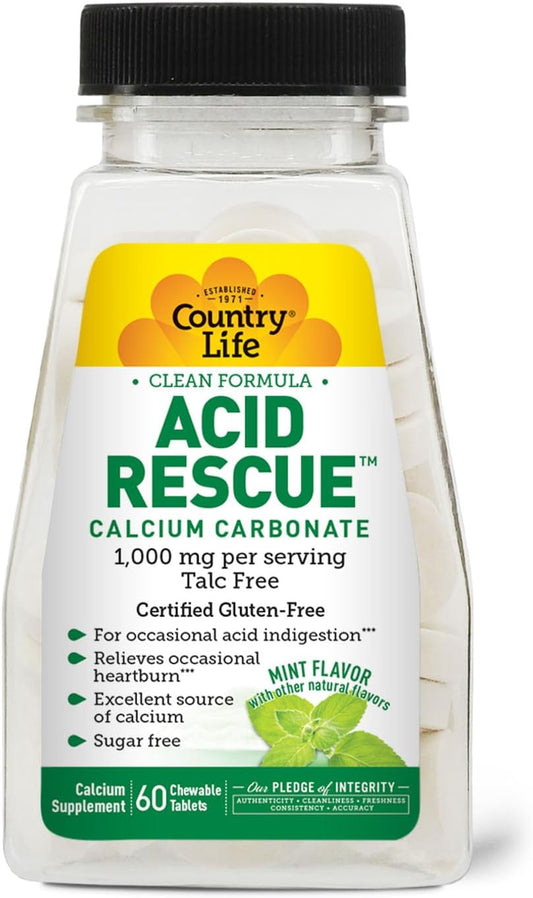 Country Life Acid Rescue Chewable Tablets - Certified Vegan & Gluten-Free Heartburn Relief, 400Mg Calcium & Magnesium, Non-Gmo, Sugar-Free Mint Flavor, Supports Bone Health, 60 Count