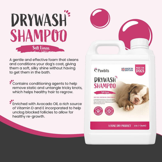 Pawbits Drywash Shampoo For Dogs - Puppy Friendly 3-In-1 Dry Shampoo To Clean, Condition & Detangle – No Water Required (Soft Linen - 2.5L)Pb-Drywash