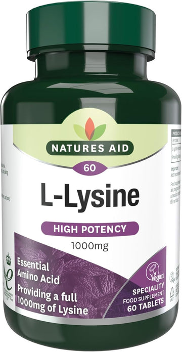 Natures Aid L-Lysine 1000Mg – High Strength Essential Amino Acid – Supports Immune System, Muscle Recovery, Collagen, Bone Health & Energy – Vegan, Gluten-Free - 60 Tablets