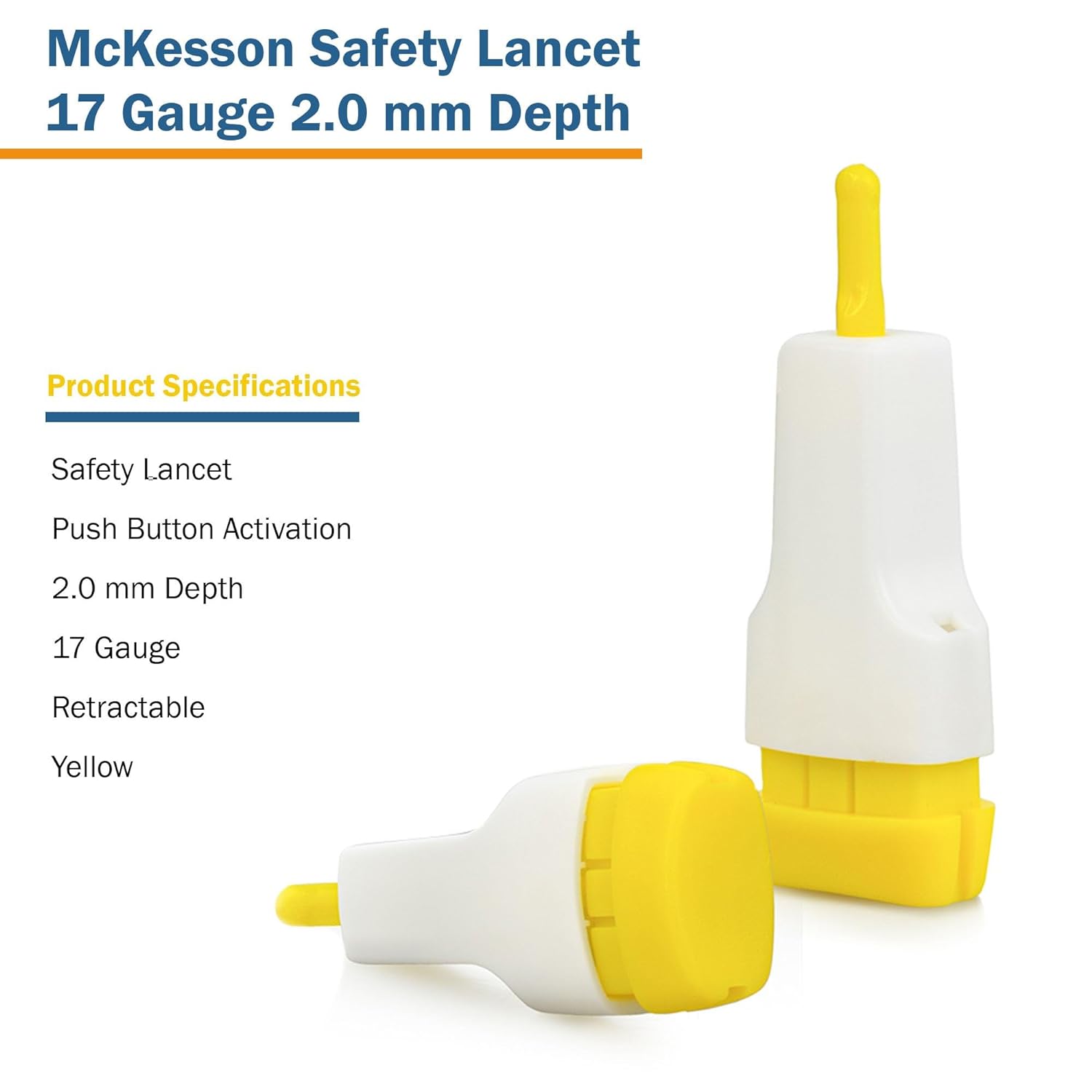 McKesson Safety Lancet, Retractable, Push Button Activation - Ideal for Blood Testing - Sterile, Single Use, 17 Gauge, 2.0mm Depth, 100 Count, 1 Pack