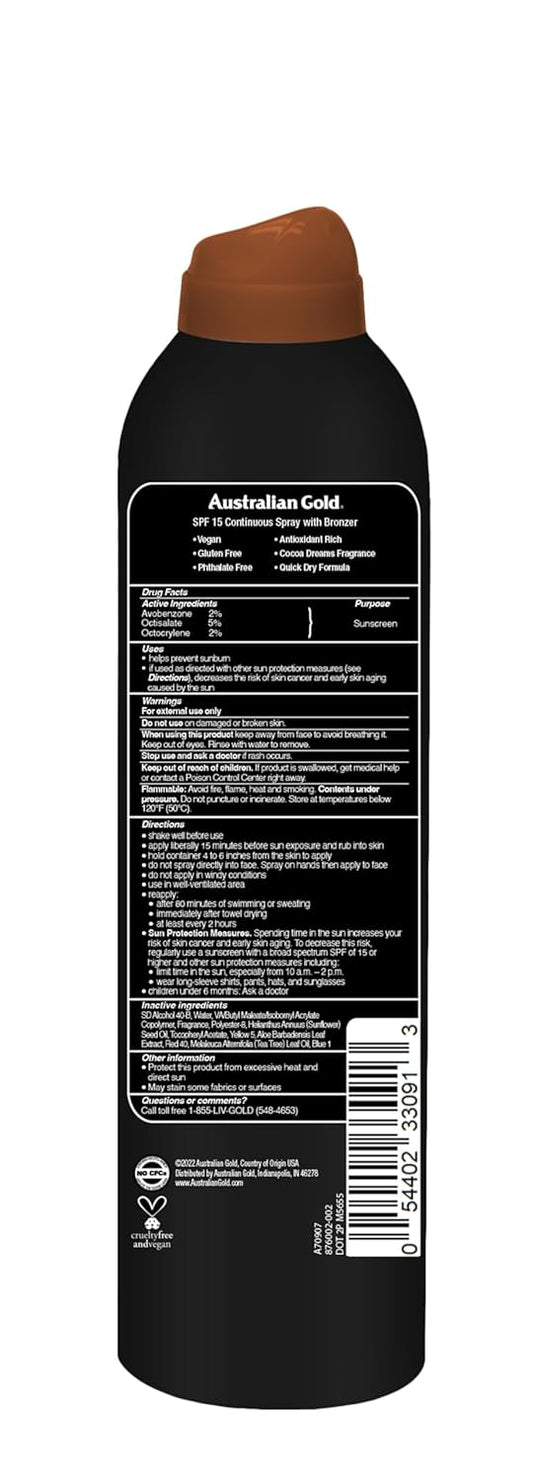 Australian Gold Continuous Spray Sunscreen With Instant Bronzer Spf 15, Immediate Glow & Dries Fast, Broad Spectrum, Water Resistant, Non-Greasy, Oxybenzone Free, Cruelty Free, 6 Ounce