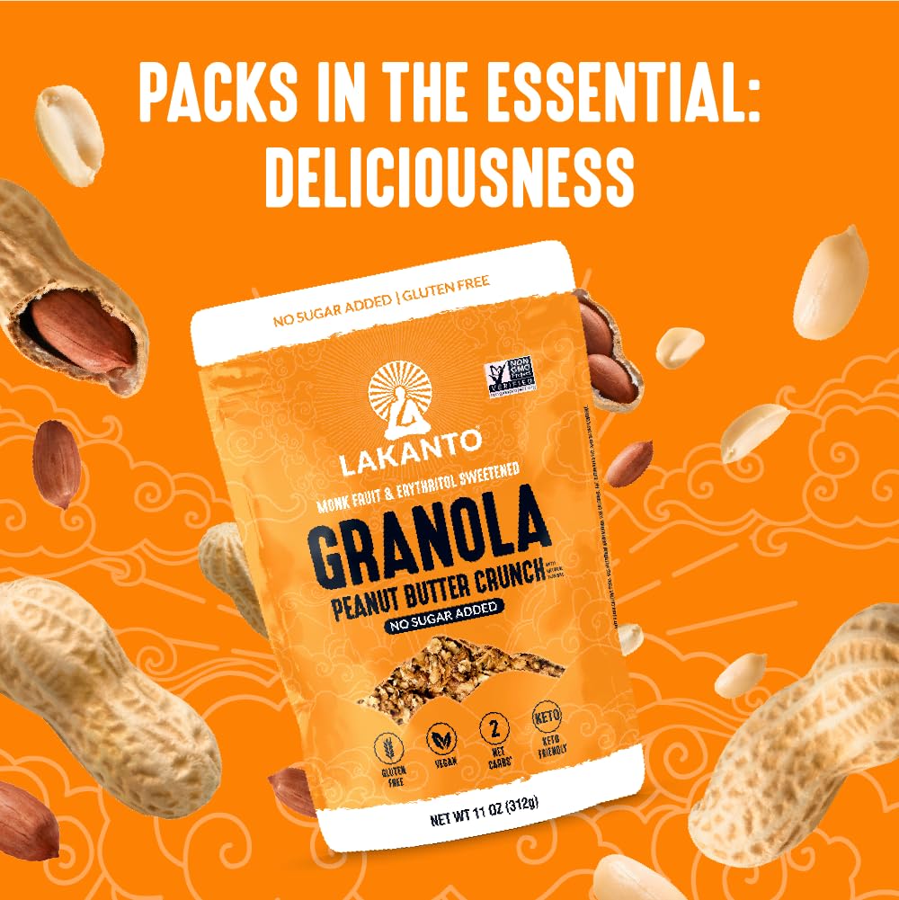 Lakanto Peanut Butter Crunch Granola - Quick Breakfast Cereal, Monk Fruit Sweetner and Erythritol, No Sugar Added, Vegan, Gluten Free, Grain Free, Keto Diet Friendly, 2g Net Carbs - Peanut Butter 11 oz