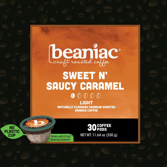 Beaniac Sweet N' Saucy Caramel, Flavored Light Roast, Single Serve Compostable K Cup Coffee Pods, Organic Arabica Coffee With Natural Flavors, Keurig Brewer Compatible, 30 Count