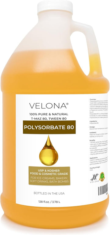 Polysorbate 80 by Velona - 1 Gallon / 128 Fl Oz | Solubilizer, Food & Cosmetic Grade | All Natural for Cooking, Skin Care and Bath Bombs, Sprays, Foam Maker | Use Today - Enjoy Results