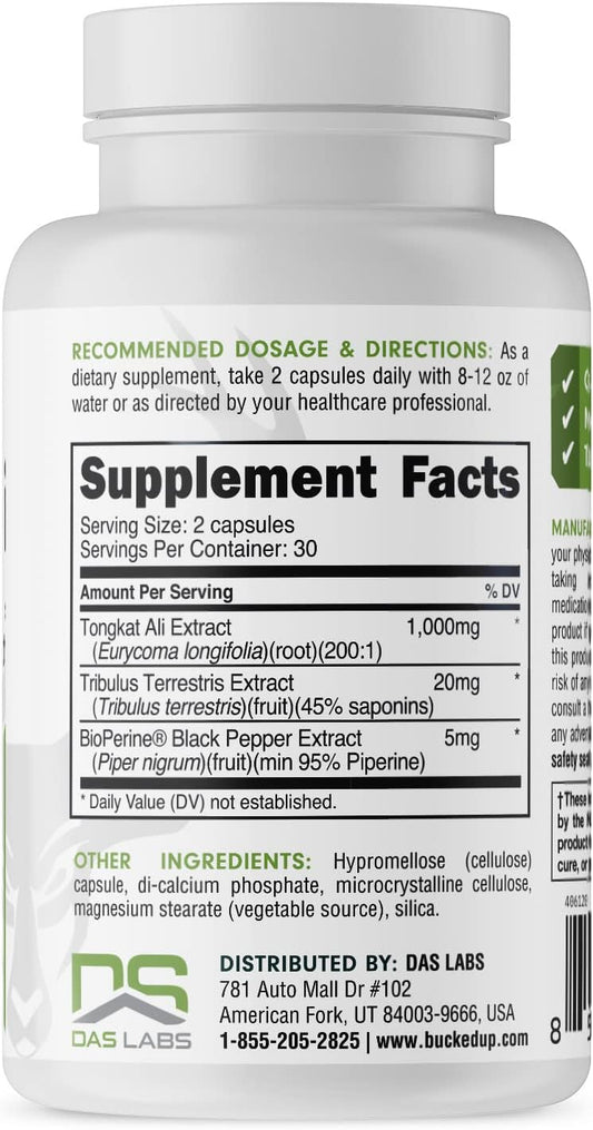Bucked Up Tongkat Ali - 1000Mg Per Serving, Tribulus Terrestris Extract & Bioperine Black Pepper Extract Essentials (30 Servings, 60 Capsules)