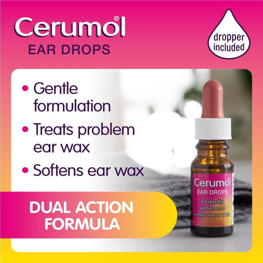 Cerumol Dual Action Ear Drops, 10Ml, Gentle Formulation, Helps Relieve Symptoms Of Ear Wax, Softens Earwax, Dropper Included