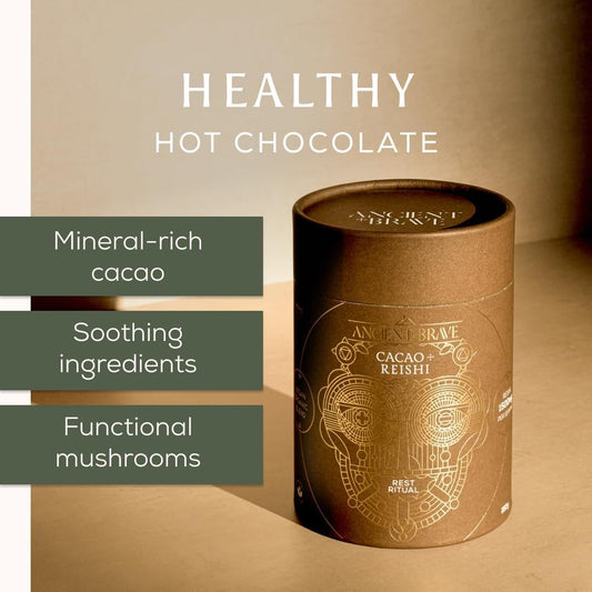 Ancient + Brave Cacao + Reishi 250G Tub - High Grade Nutritious Raw Cacao, Reishi Mushroom, Baobab And Chicory - Smooth Chocolate Blend - Stress Reducing