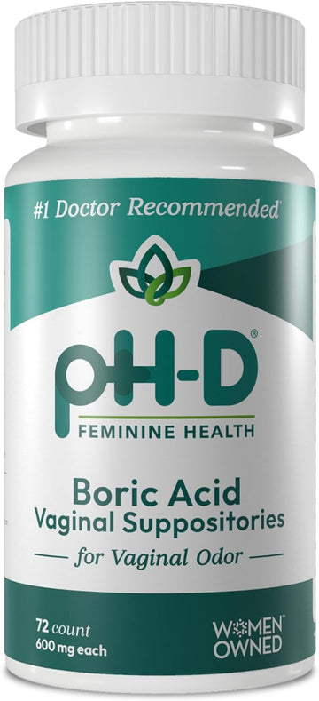 Ph-D Feminine Health β 600 Mg Boric Acid Vaginal Suppositories, Woman-Owned Brand, 72 Count