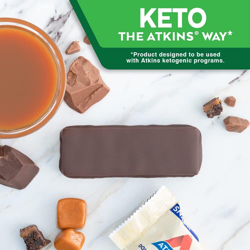 Atkins Caramel Double Chocolate Crunch Snack Bar, Protein Snack, High in Fiber, 2g Sugar, Keto Friendly, 5 Count : Health & Household