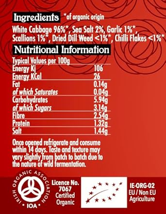 The Cultured Food Company Chilli & Dill Sauerkraut 400G Jar X 2 - Organic Sauerkraut, Raw & Unpasteurised - Probiotic - Gut Healthy - Traditionally Fermented - No Preservatives - Vegan