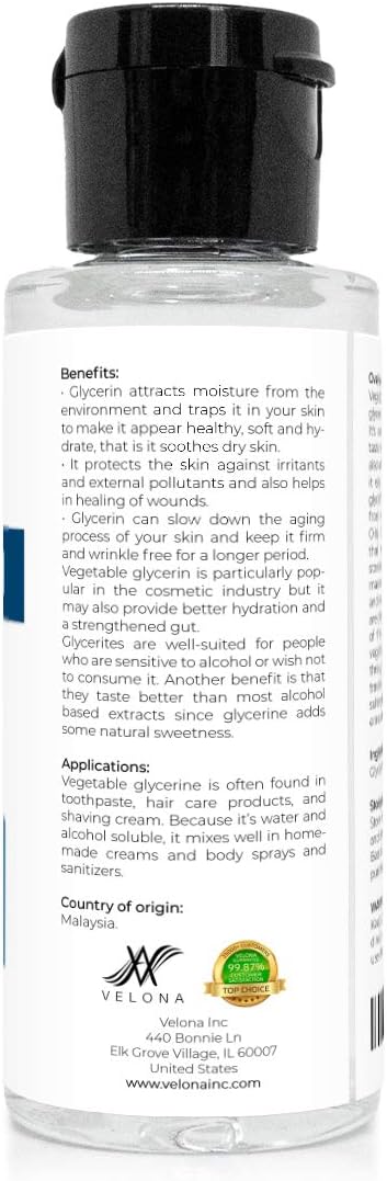 velona Glycerin Vegetable USP Grade 3 oz | 100% Pure and Natural Carrier Oil | Hair and Face Moisturizer for Dry Skin, Bubble Bath, Glycerin Soap, Soap Base | Use Today - Enjoy Results : Beauty & Personal Care