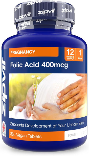 Zipvit Folic Acid 400Mcg, 360 Vegan Tablets, Vitamin B9 Supplement For Pregnancy, Maternal Tissue Growth & Immune Support, Prenatal Pregnancy Vitamins For Women