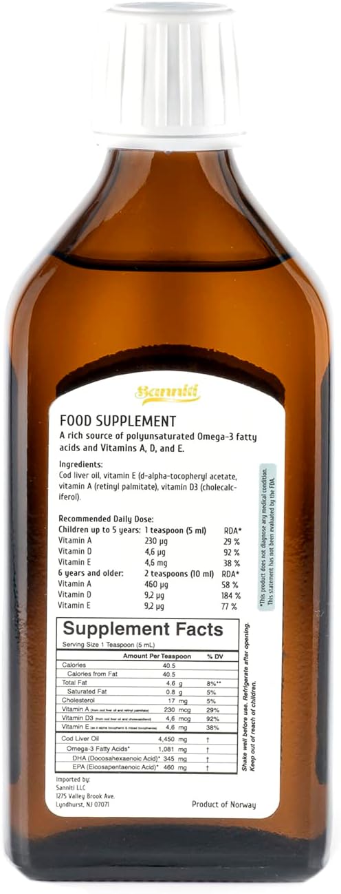 Sanniti 100% Natural Cod Liver Oil, 1081 Mg Total Omega-3 Fatty Acids, Wild Caught Nordic, 250 Ml (8.4 Oz) (Unflavored)