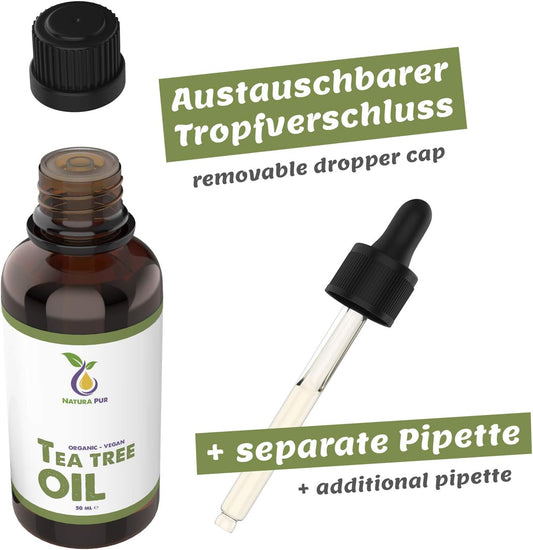 Tea Tree Oil 50Ml With Pipette, Vegan – 100% Pure Tea Tree Essential Oil From Australia – Care For Blemished Skin, Inflammatory Skin Conditions, Anti-Pimples And Acne
