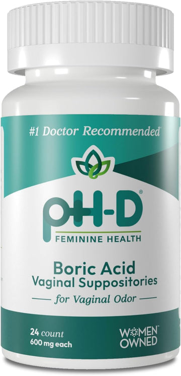 Ph-D Feminine Health - 600 Mg Boric Acid Suppositories - Woman Owned - For Vaginal Odor Use - 24 Count