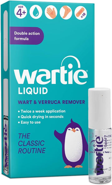 Wartie Liquid Verruca And Wart Remover - Fast Acting Wart And Verruca Treatment For Hands And Feet - Age 4+ And Adults - Fast Drying With 18 Protective Plasters Included