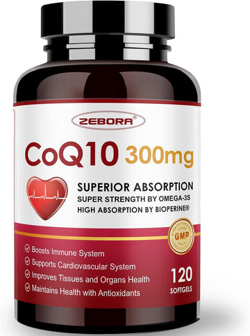 Zebora Coq10-300Mg-Softgels With Pqq, Bioperine & Omega-3, 120 Servings Coenzyme Q10 (Ubiquinone) Supplement For High-Absorption, Powerful-Antioxidant, Support Heart-Health & Energy-Production