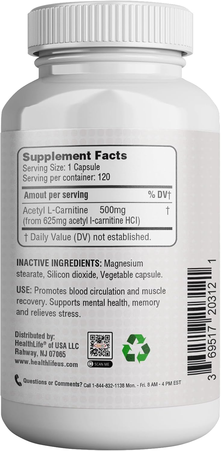 Healthlife Acetyl L-Carnitine 500Mg, 120 Capsules, Non-Gmo, Made In Usa, 4 Month Supply : Health & Household