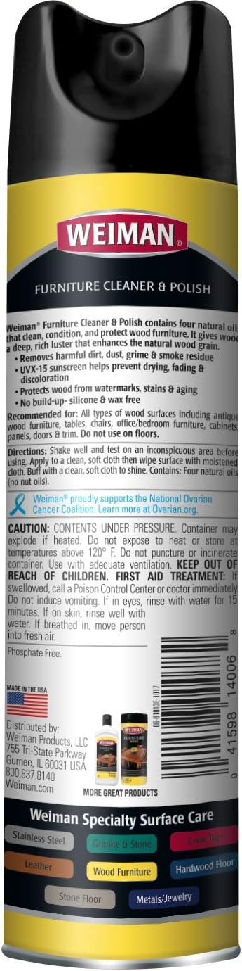 Weiman Wood & Furniture Cleaner & Polish - 12 Ounce - Aerosol Protect Clean Polish Wax Your Wood Tables Chairs Cabinets