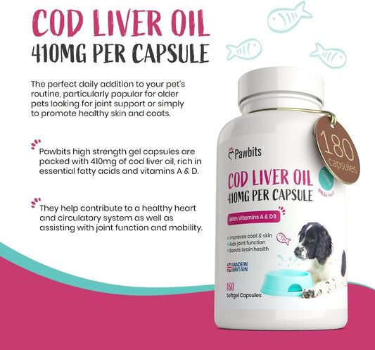 180 Cod Liver Oil Capsules For Dogs & Cats - (6 Months Supply) High Strength 410Mg Gel Capsules To Support Joint, Skin And Coat Health - Uk ManufacturedPb-Codliveroil-180