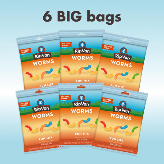 Rip Van Gummy Worms Mixed Fruit - Low Sugar Gummies With Real Fruit - 3.53Oz Bags 6 Ct