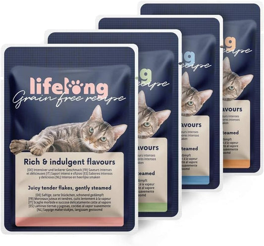 Amazon Brand - Lifelong Grainfree Complete Adult Cat Wet Food, Chicken, Duck, Turkey And Beef In Jelly Selection, 4.76 Kg (56 Packs Of 85G)Cz801055-02/ Cz843