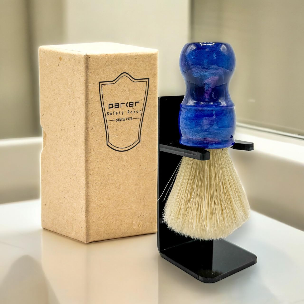 Parker Safety Razor, The Big Blue Boar, Deluxe Iridescent Bluehandle 100% Boar Bristle Shaving Brush, Large 24 Mm Brush Knot For A Better Lather! Shave Stand Included : Beauty & Personal Care