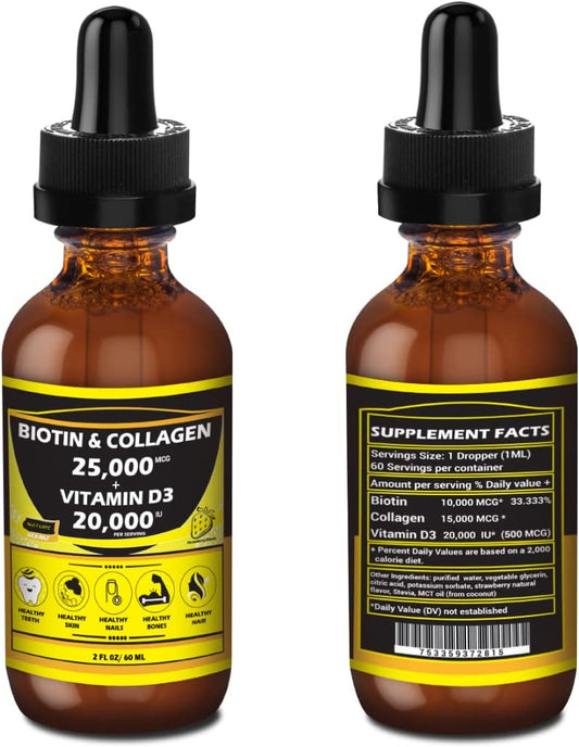 Nature Manu-Premium 25,000Mcg Liquid Biotin & Collagen+20,000Iu Vitamin D3 All-In-One Wellness Daily Drops. Supports Healthy Skin, Stronger Nails, Hair Growth. Tasty Strawberry Flavor - 2 Fl Oz/60 Ml