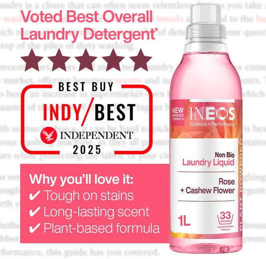 Ineos Next-Gen Non Bio Laundry Washing Liquid Detergent, 198 Washes (6 X 1L), High Performance Stain Remover For Clothes, Plant Powered, For Sensitive Skin, Rose + Cashew Flower, Packaging May Vary