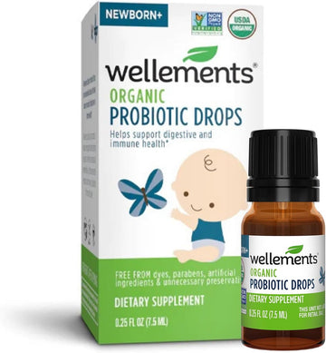 Wellements Organic Baby Probiotic Drops | Digestive and Immune Support for Infants and Toddlers | Essential Support for Baby Gut Health | USDA Organic | Preservative Free | 0.25 Fl Oz | Newborn+