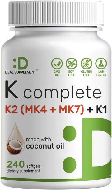 Deal Supplement Premium Vitamin K Complete - High Potency Vitamin K2 (Mk-7 And Mk-4) & K1, 240 Coconut Oil Infused Softgels - Full Spectrum Triple Vitamin K, Optimal Bone & Heart Health Support