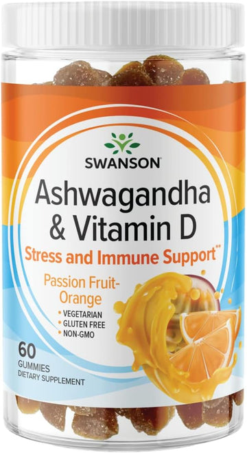 Swanson Ashwagandha Gummies With Vitamin D - All Natural Supplement Promoting A Calm & Relaxed Mindset - Helps To Support Stress Reactions & Immune Health - (Passion Fruit-Orange, 60 Gummies)