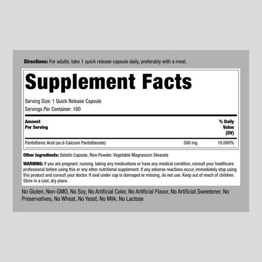 Piping Rock Pantothenic Acid 500Mg | 180 Capsules | Essential B Vitamin | Non-Gmo, Gluten Free Supplement