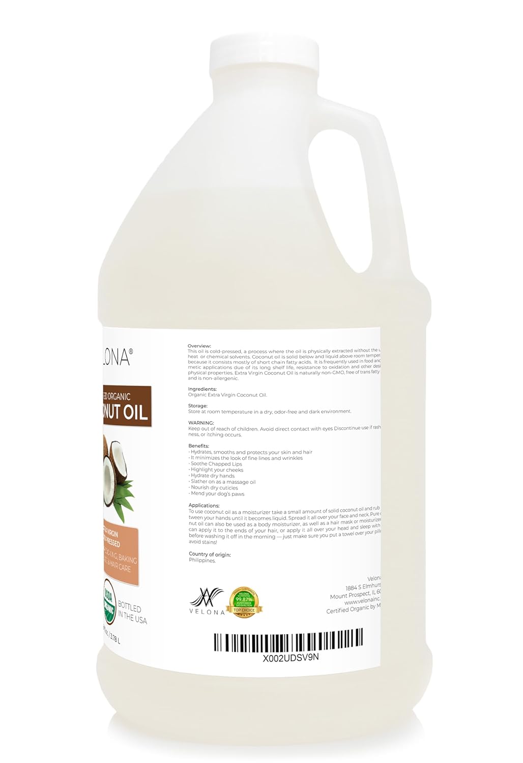 Velona USDA Certified Organic Coconut Oil Extra Virgin - 1 Gallon / 128 Fl Oz | Food and Cosmetic Grade | in jar | Extra Virgin, Cold-Pressed : Beauty & Personal Care