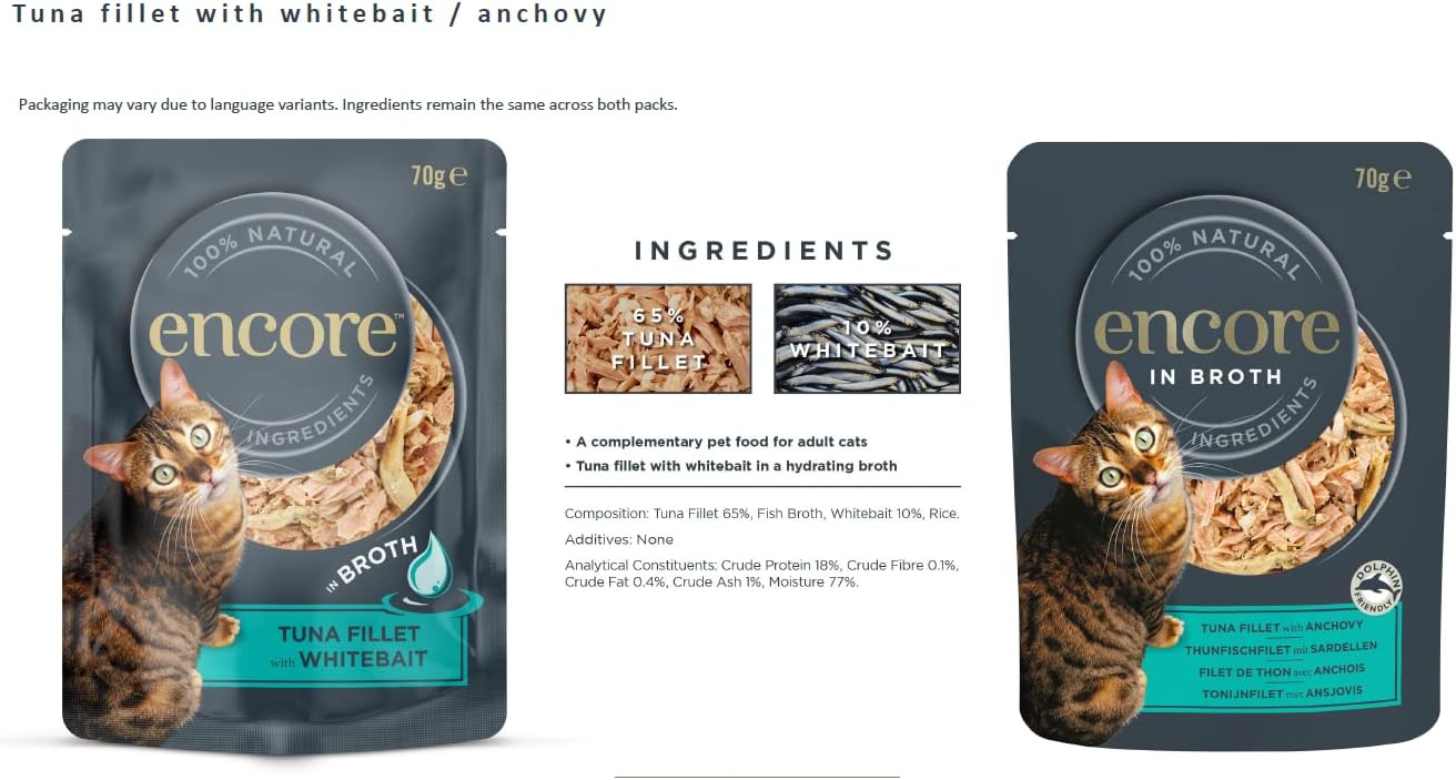 Encore 100% Natural Wet Cat Food Pouch, Tuna Fillet with Whitebait/Anchovy in Broth 70g Pouch (16 x 70g Pouches) (Packaging May Vary) :Pet Supplies