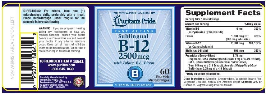 Puritan's Pride Vitamin B-12 2500 mcg Sublingual with Folic Acid, Vitamin B-6 and Biotin-60 Microlozenges : Health & Household