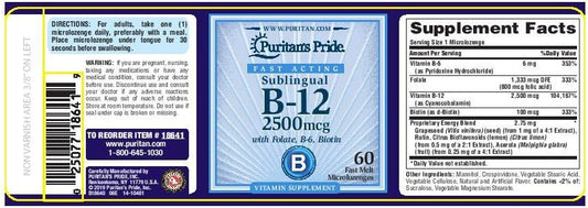 Puritan's Pride Vitamin B-12 2500 mcg Sublingual with Folic Acid, Vitamin B-6 and Biotin-60 Microlenges