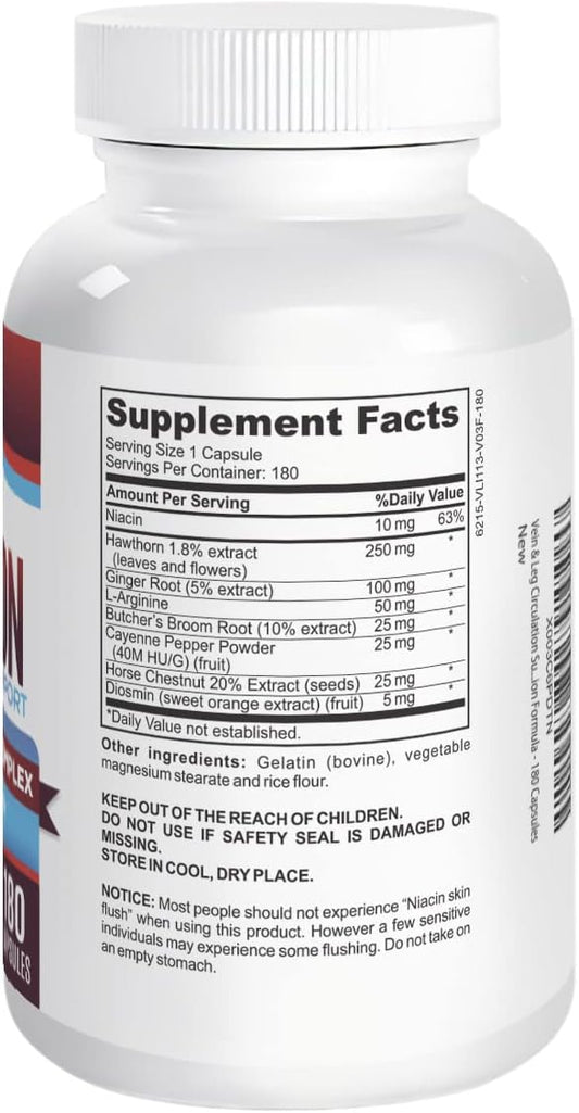 2-Month Vein & Leg Circulation Support Supplement (All-In-1) With 8 Active Ingredients - Natural Blood Circulation Booster - Vein Health Formula - Leg & Vein Supplements - 180 Capsules