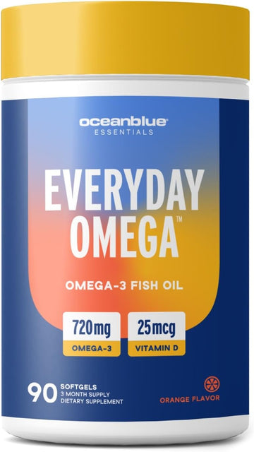 Oceanblue Essentials Everyday Omega 3 – 30 Softgels, 1 Month Supply – 720 Mg Of Burpless Fish Oil With 25Mcg (1000Iu) Of Vitamin D3 – Heart And Immune Support – Molecularly Distilled – Orange Flavor
