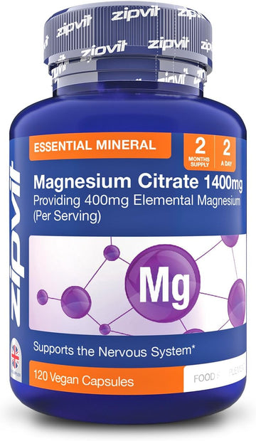 Zipvit Magnesium Citrate 1400Mg, Provides 400Mg Elemental Magnesium, Highly Absorbable For Bone, Muscle & Energy Support. 120 Vegan Capsules, 2 A Day, 2 Months Supply