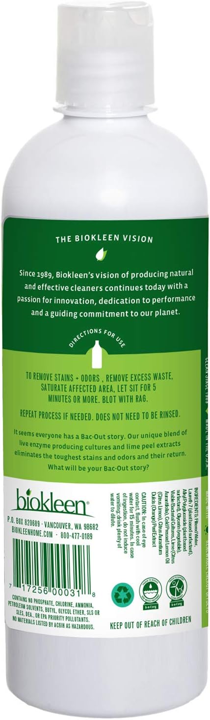 Biokleen Bac-Out Stain+Odor Remover, Destroys Stains & Odors Safely, For Pet Stains, Laundry, Diapers, Wine, Carpets, & More, Eco-Friendly, Non-Toxic, Plant-Based, 16 Ounces (Pack Of 12)