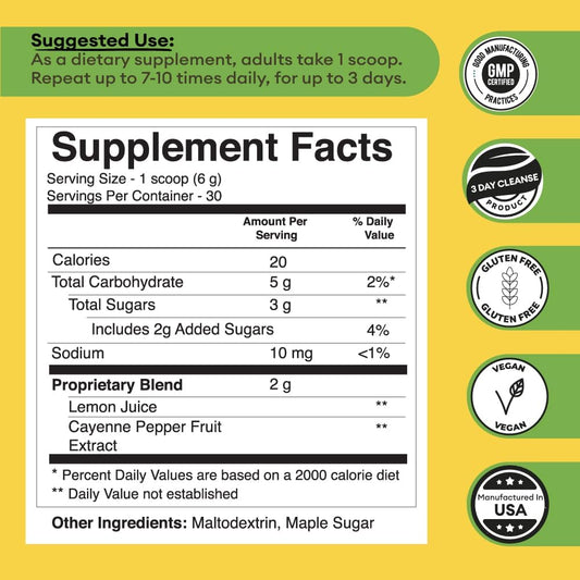 Master Cleanse Detox Powder- Lemonade Detox 3-Day Plant-Based Supplement With Lemon, Maple Syrup, And Cayenne Diet, 6.34Oz Container