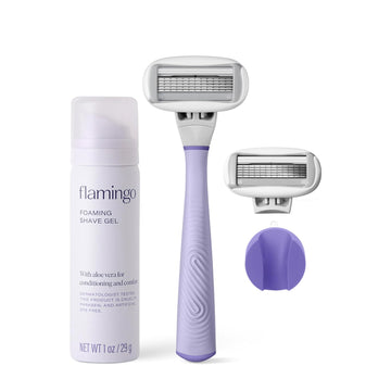 Flamingo 5-Blade Razors For Women - 1 Razor Handle + 1Oz Foaming Shave Gel + 1 Shower Holder - Lilac