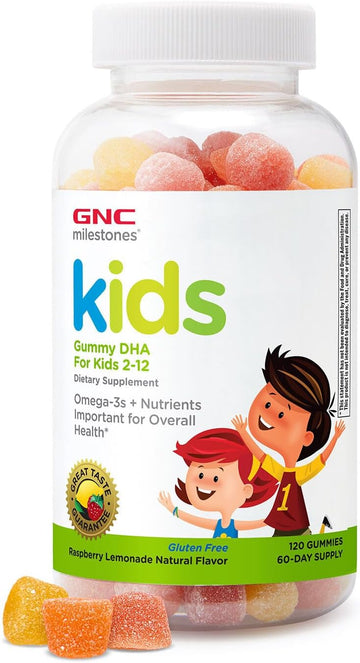 Gnc Milestones Kids Dha Gummies, Kids Ages 2-12, Omega-3S, Eye And Brain Function & Development, Vitamin A & D, Healthy Teeth & Bones, Gluten Free, No Artificial Flavors, Raspberry Lemon, 120 Gummies