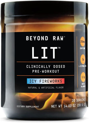 Beyond Raw Lit | Clinically Dosed Pre-Workout Powder | Contains Caffeine, L-Citrulline, Beta-Alanine, And Nitric Oxide | Icy Fireworks | 30 Servings