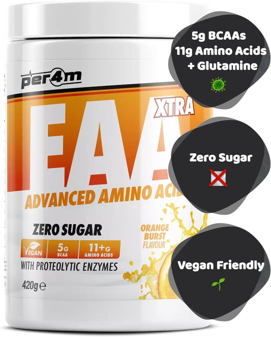 Per4M Eaa Xtra/Amino Xtra | 30 Servings Of Full Spectrum Eaa With Proteolytic Enzymes | Vegan Friendly | Zero Sugar Amino Acid (420G, Orange Burst)